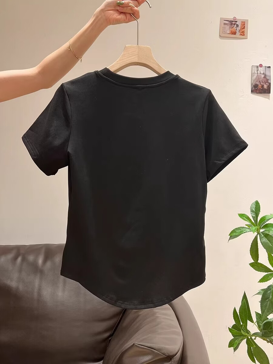Shuangxing Women's Short Sleeve T-Shirt Summer Round Neck Irregular Hem Slim Fit Inner Wear White L 9