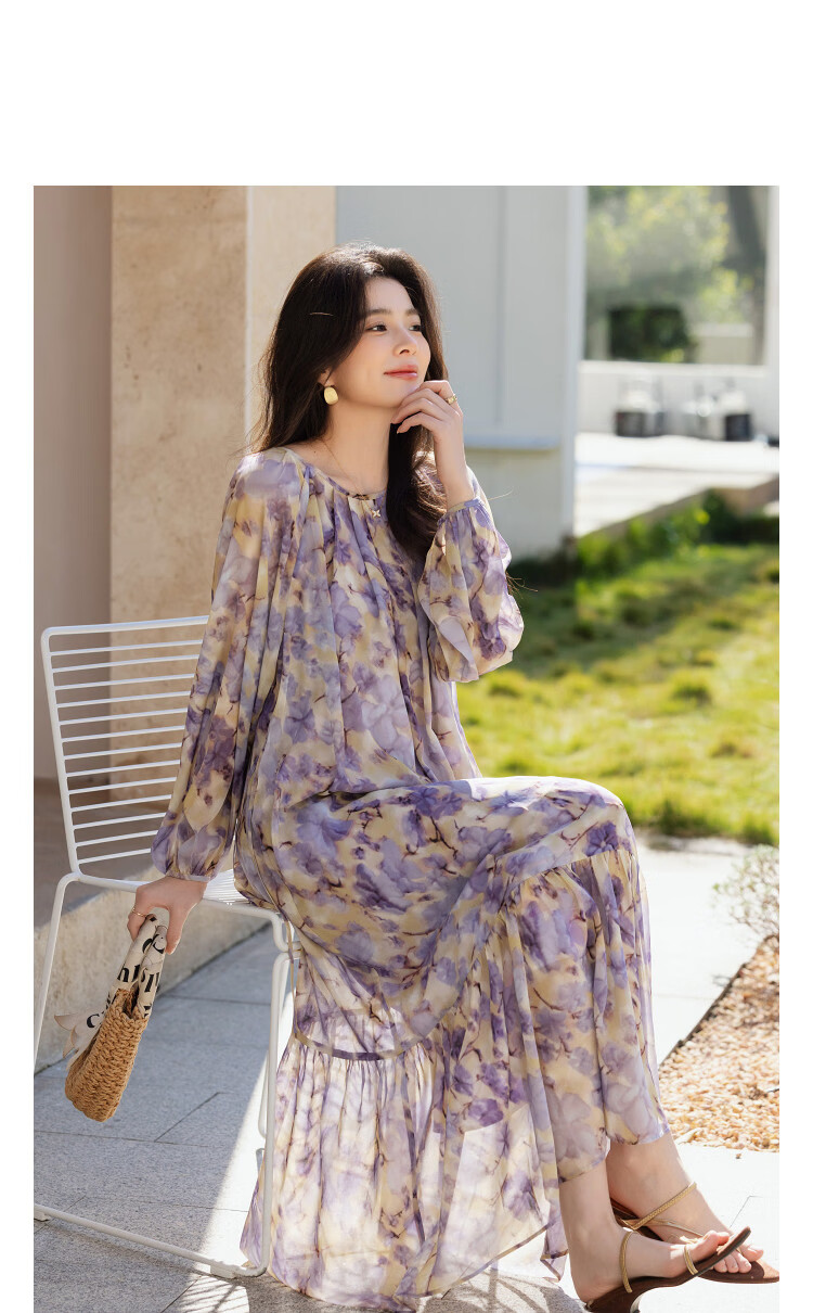 Demana Romantic Chiffon Season Spring Elegant Floral Print Flared Patchwork A-Line Petite Loose Women's Dress 8