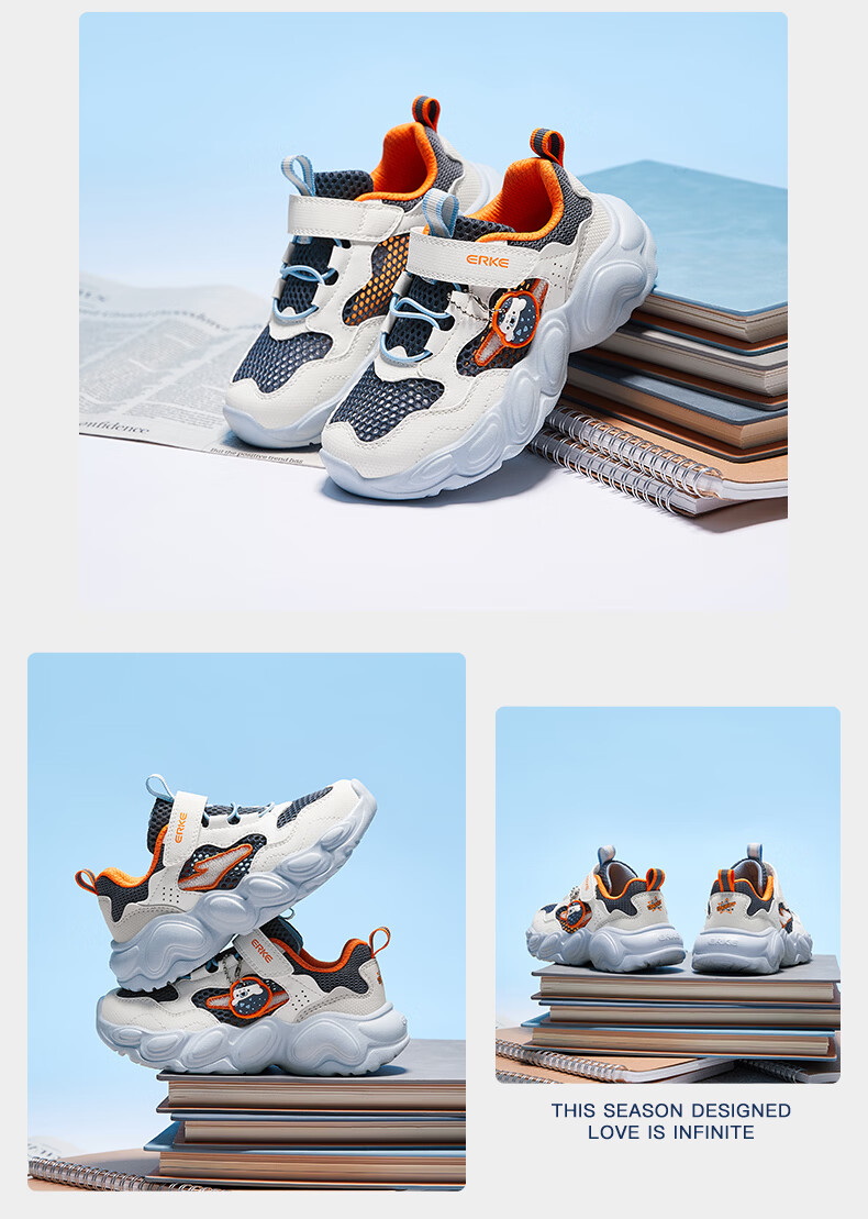 ERKE Kids Summer Casual Shoes Boys and Girls Toddler Sports Shoes Ink Blue/Microcrystalline White/Wild Gray Size 32 8