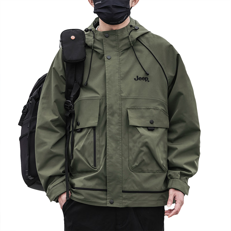 JEEP Men's Jacket, Spring And Autumn Casual Workwear Windbreaker, Trendy Loose Outerwear for Men, Army Green, Size M