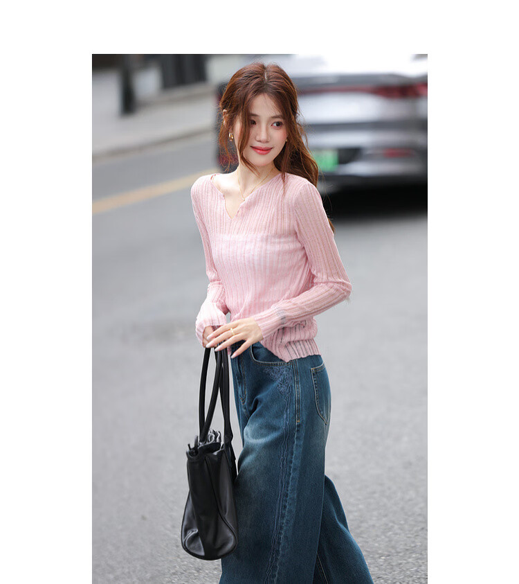Mt [Oxygen-Permeable Texture] Spring Soft Low-Saturation V-Neck Lightweight Knit Top for Petite Women 10