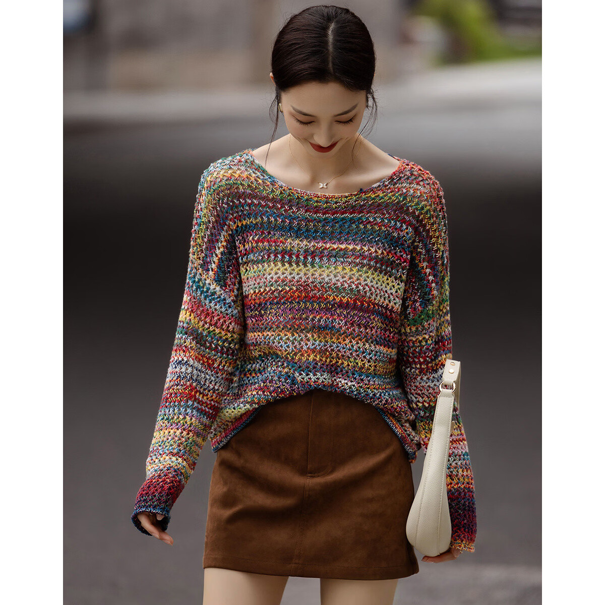 Demana Fluffy 100% Cotton Spring Lazy Style Off-Shoulder Gradient Hollow Slim Knit Sweater for Women Premium Feel 4