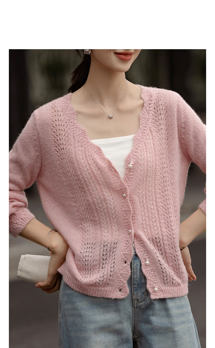 Demana Spring V-Neck Open Cardigan Hollow Crochet Slimming Knit Sweater with Wool and Mohair for Women 14