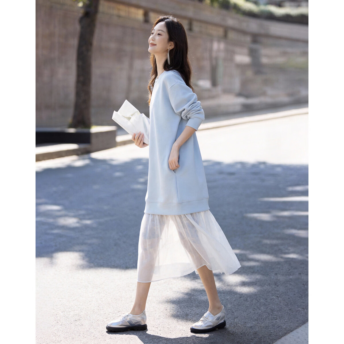 Demana Soft Air Layer Spring Korean Style Crew Neck Color Block Straight Small Loose Women's Dress