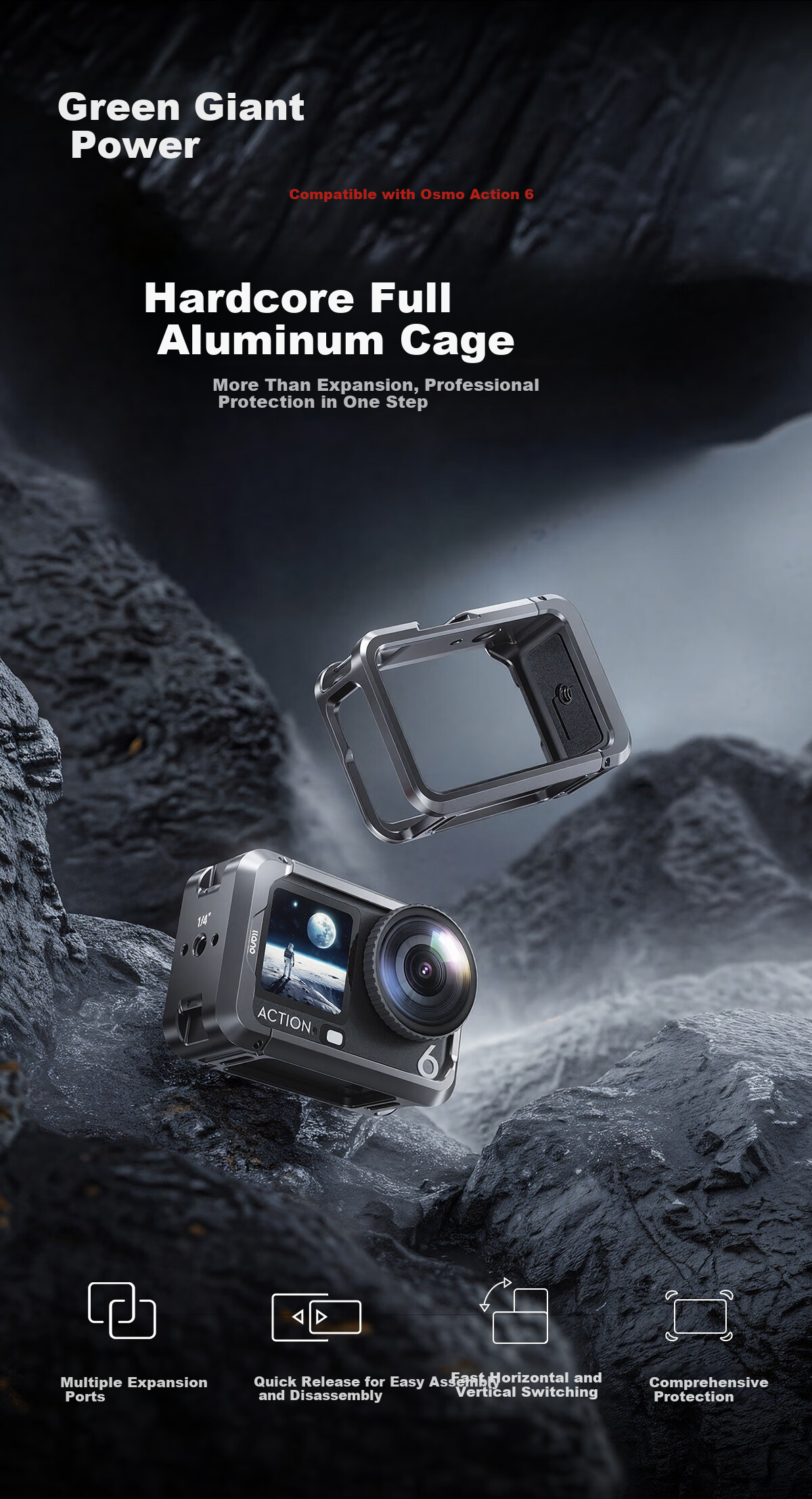 Llano DJI Action 6 Cage Protective Frame Full Coverage Anti-Drop Quick Release Mount Vlog Photography Expansion Accessory for DJI Action 6 Camera 3