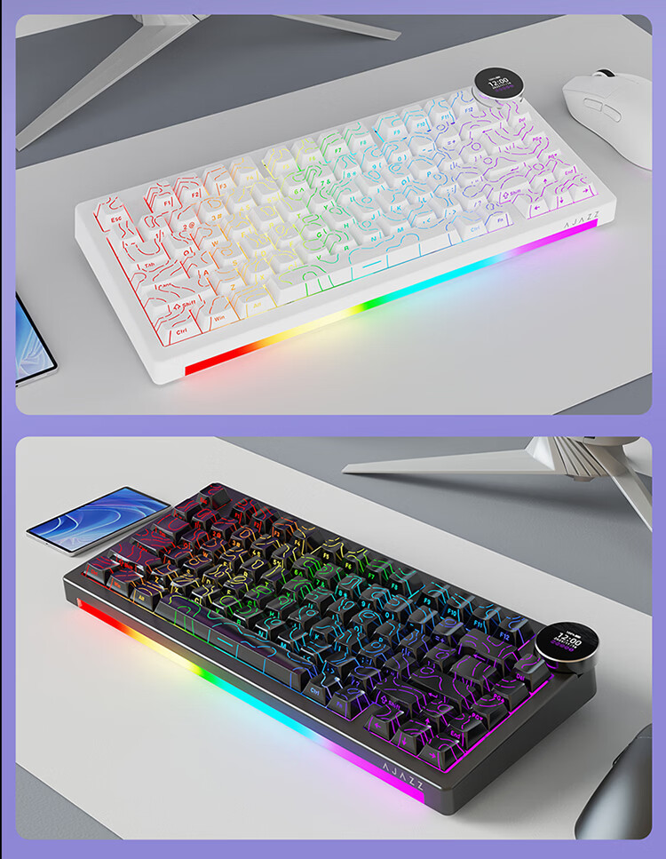 AJAZZ AK820V2 Wireless Mechanical Keyboard Wired/2.4G/Bluetooth 81-Key Hot-Swappable Gasket Gaming 10000mAh Coconut Axis Original Black Gray Yellow 9