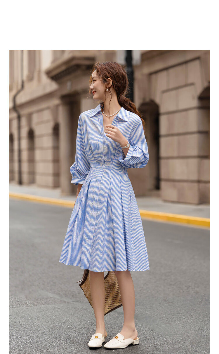 Demana [Lyocell Cotton Blend] Spring Smart Commuter Striped Embroidered Half-Sleeve Waist-Cinched A-Line Women's Dress 11