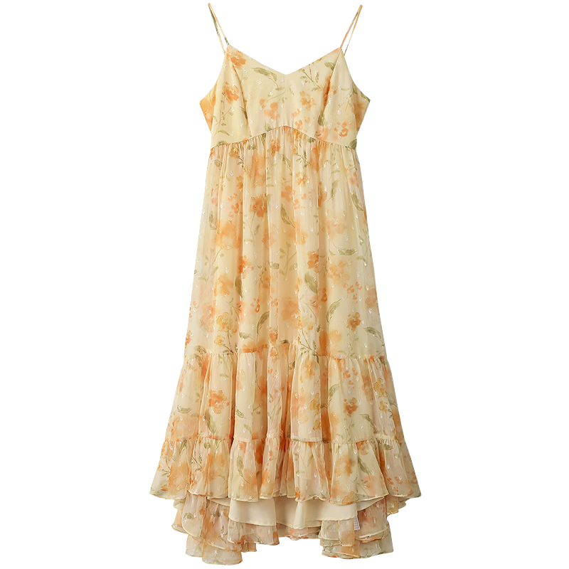 INMAN Floral V-Neck Spaghetti Strap Vacation Dress 2026 Summer Women's New Slim Waist A-Line Long Dress Colorful L