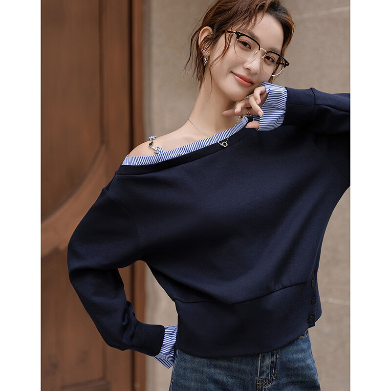 Demana Soft Air Layer Spring Design Asymmetric Shoulder Striped Patchwork Loose Petite Women's Sweatshirt