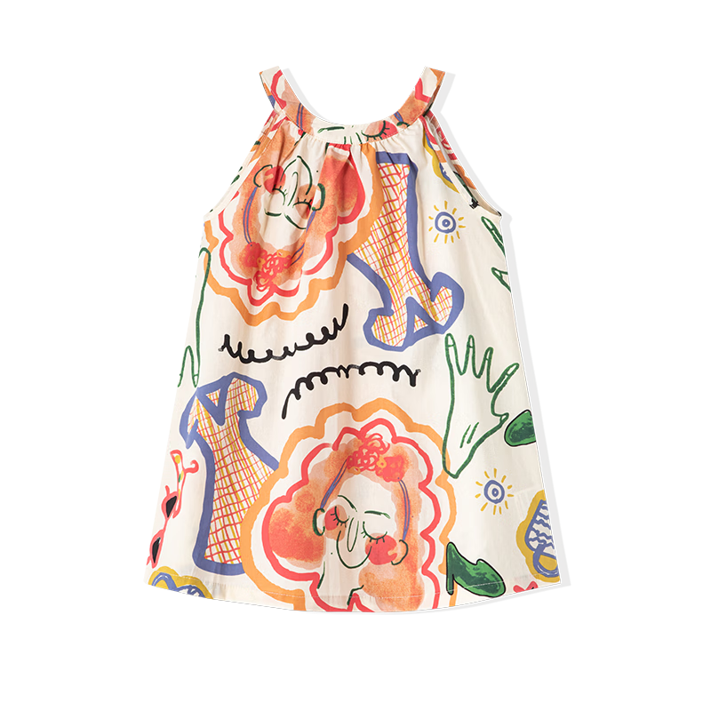 ASK JUNIOR Girls' Summer Dress, Children's Graffiti Spaghetti Strap Princess Dress, Beach Vacation Style