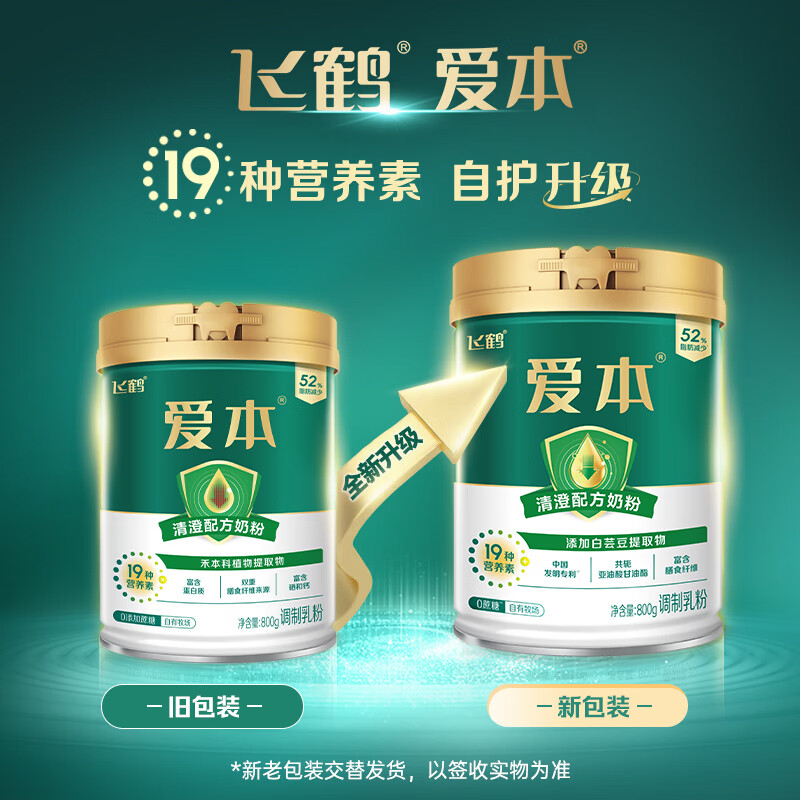 飞鹤1962爱本清澄牛奶粉800g0蔗糖中老年维生素成人奶粉送父母