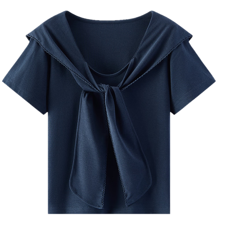 Semir Women's Summer Short Sleeve T-Shirt 2026 Lace Shoulder Shawl Collar Fake Two-Piece Slim Top 109326100024