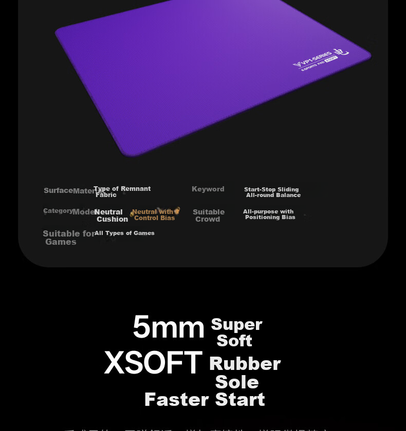 Rapoo VP1 Gaming Mouse Pad Competitive FPS CSGO/Valorant/Operation Delta Mouse Pad Rubber Base Rough Surface VP1-W Blue Purple (Wind) 6