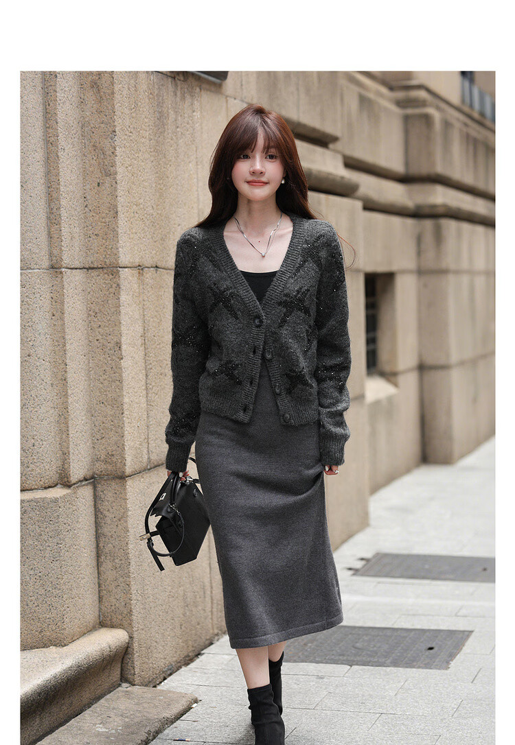 MT Shiny Romance Autumn Sequin V-Neck Wool Blend Short Knit Cardigan for Women 3