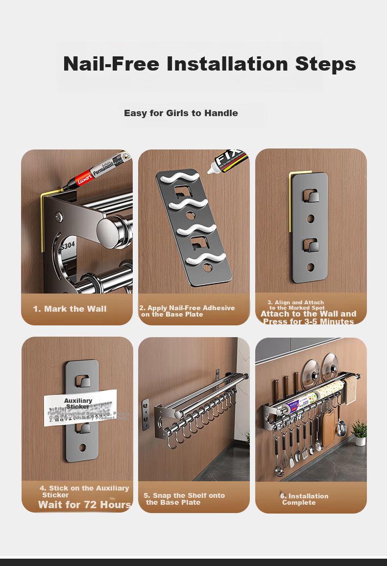 Sijimuge Kitchen Storage Rack 304 Stainless Steel No-Drill Wall-Mounted Multifunctional Household Utensil Organizer Spice Rack Knife Holder 18