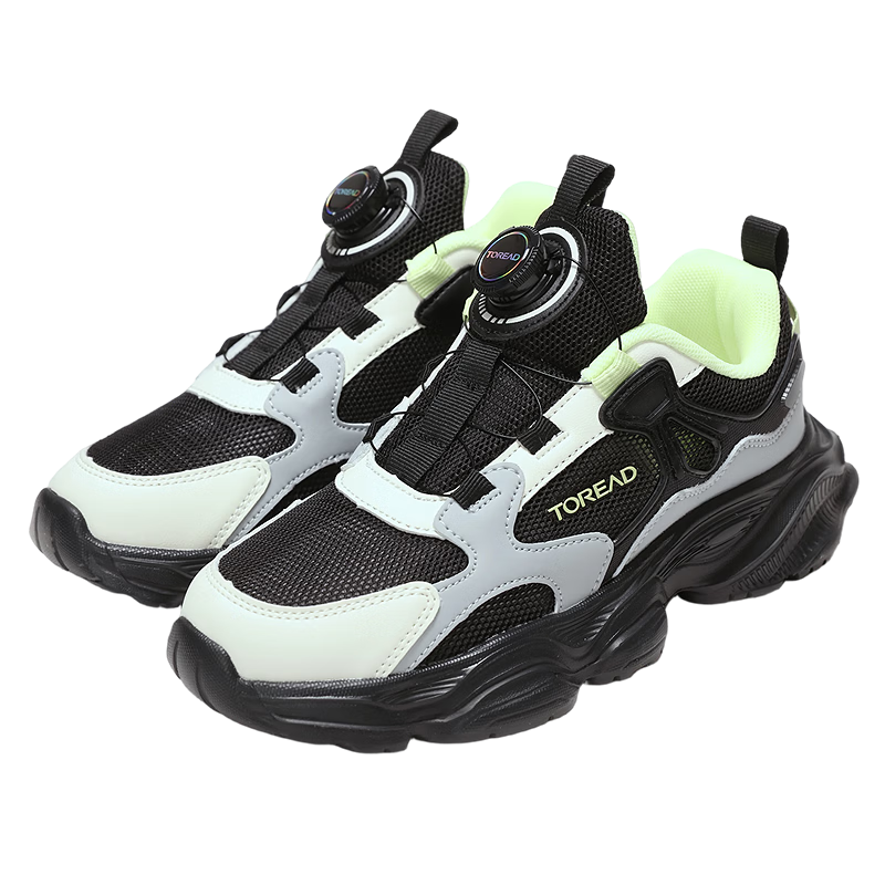 TOREAD Kids Sports Shoes Boys Girls Breathable Button Running Shoes Black Gray Size 34 Spring Summer