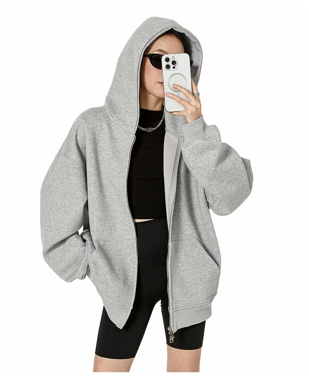 ICH MODE Women's American Style Hoodie Jacket 2026 Spring Autumn New Loose Fit Zip-up Lazy Long Sleeve Top Black S 10