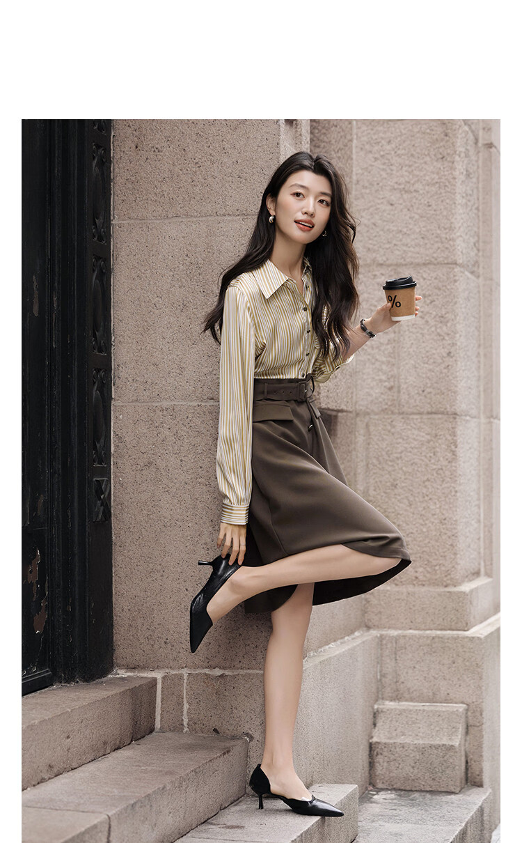 Demana [Smart Urban] Spring Satin Striped Faux Pocket Spliced A-Line Belted Petite Women's Dress 11