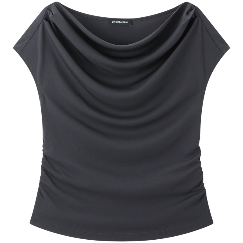 Peacebird Women's T-Shirt Elegant Texture Short Sleeve Summer Off-Shoulder Asymmetric Neck Dual-Wear Waist-Cinching Top Gray L