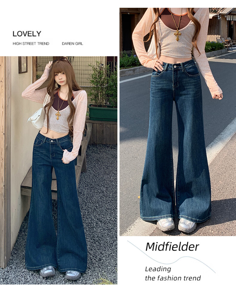 Jeanswest Women's Summer High-Waist Slimming Wide-Leg Casual Flowy Bootcut Jeans Dark Blue 2XL 10