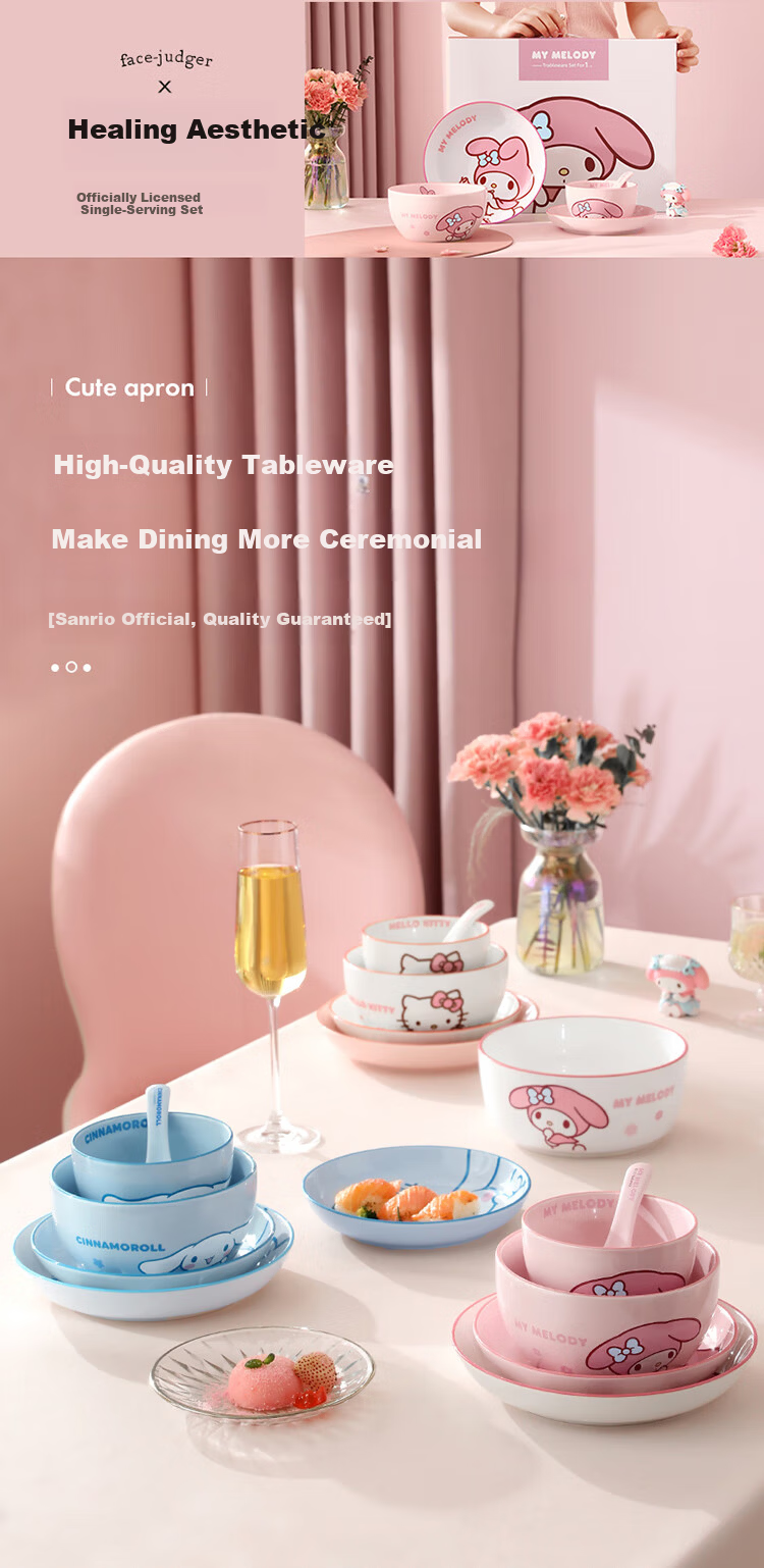 MANCHAOJIA Sanrio Hello Kitty 5-Piece Ceramic Dinnerware Set with Plates and Bowls, Premium Home Tableware Gift Box 1