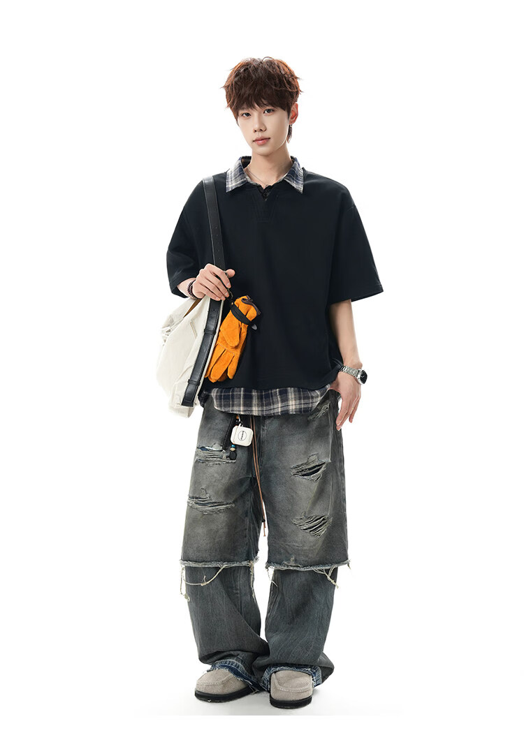 Foss Phil American Style Two-in-One Short Sleeve Polo Shirt Men Spring Summer Loose Casual T-Shirt DT6242 Black 3XL 22