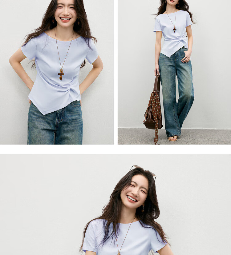 Shangdu Bila Off-Shoulder Pure Cotton T-Shirt Women Spring Summer Twist Knot Irregular Hem Short Sleeve Slimming Top 25