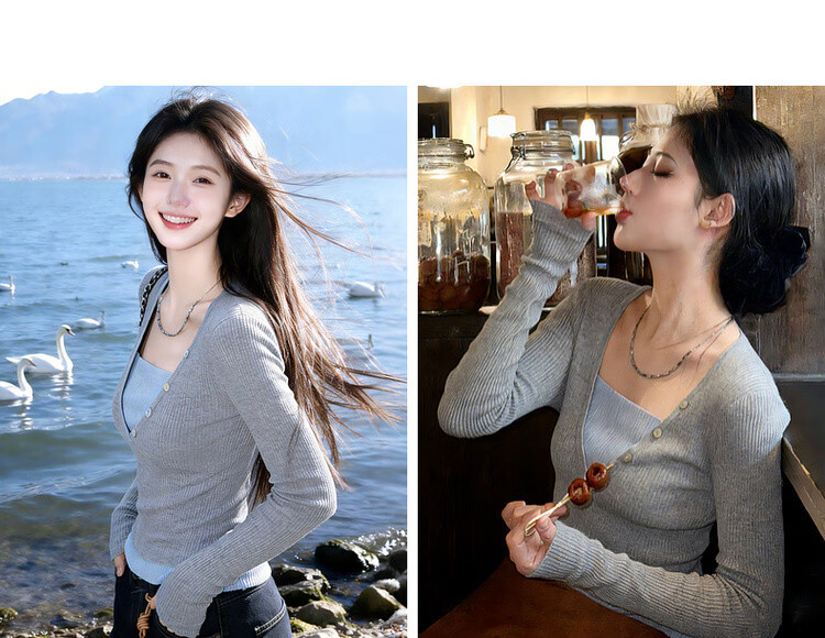 MT Spring Layered Look Color-Block Wool Blend Slim Fit Petite Knit Sweater for Women 9