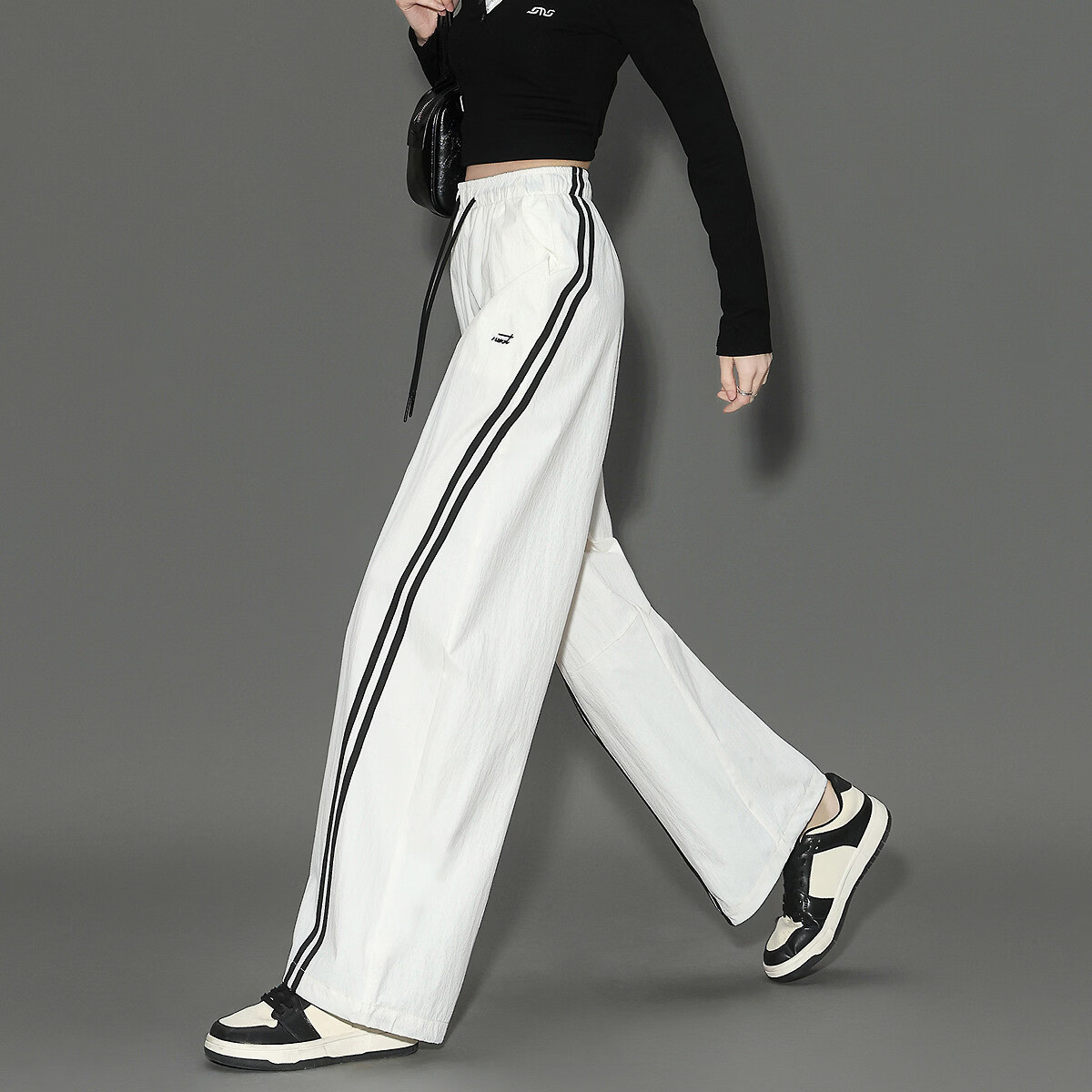 Demana Slimming Casual Pants Spring Sports Color-Block Double Stripe Drawstring Elastic Waist Straight-Leg Concealing Trousers for Women Premium