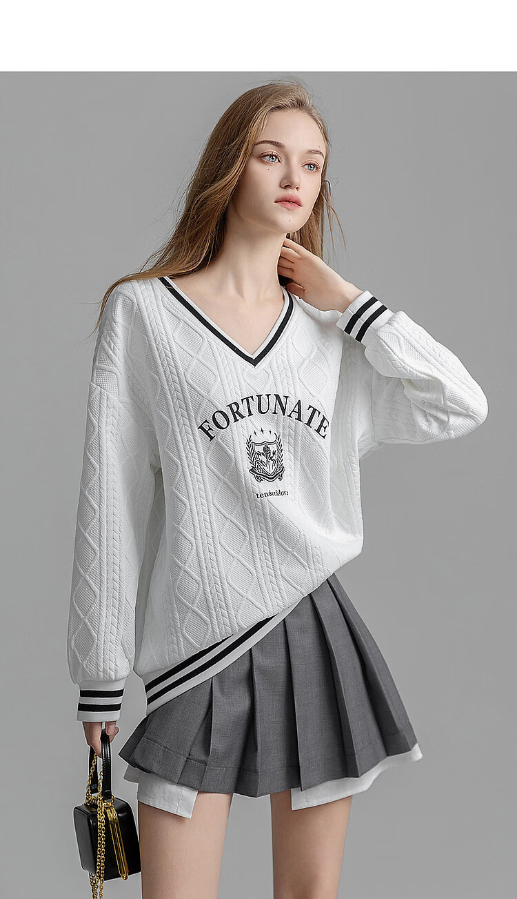 Demana British College Style Spring Autumn New V-Neck Drop Shoulder Long Sleeve Letter Color-Block Embroidered Striped Sweatshirt for Women 16