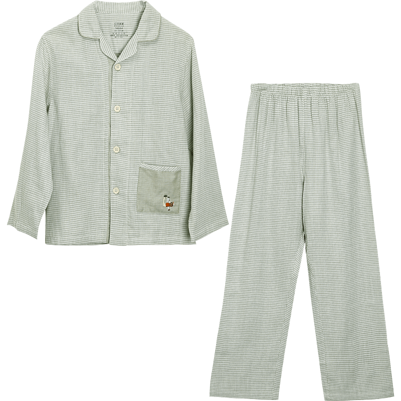 Hodohome Boys' Cotton Double-Layer Gauze Plaid Pajama Set, Long Sleeve Cardigan and Pants, Green 130cm