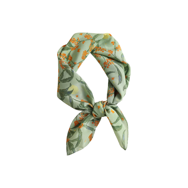 Lagur Original "Night Osmanthus" 100% Mulberry Silk Scarf 12mm Silk Square Neck Scarf for Women Lime Osmanthus Pattern