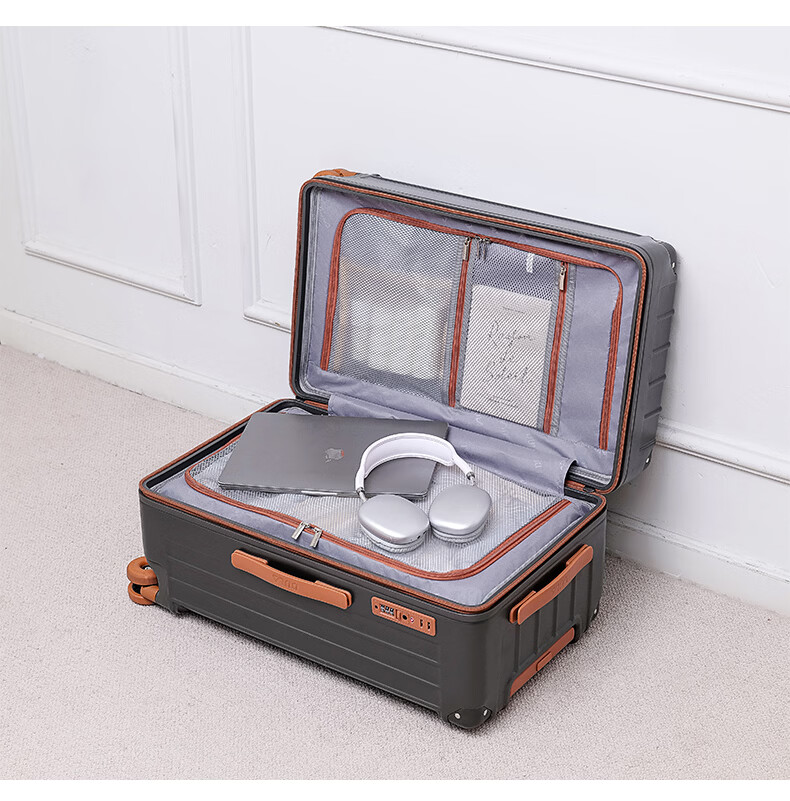 DULA Innovative Plastic Frame PC Luggage Large Capacity Cup Holder Trolley Case Travel Suitcase Password Lock 28 Inch Slate Brown 27