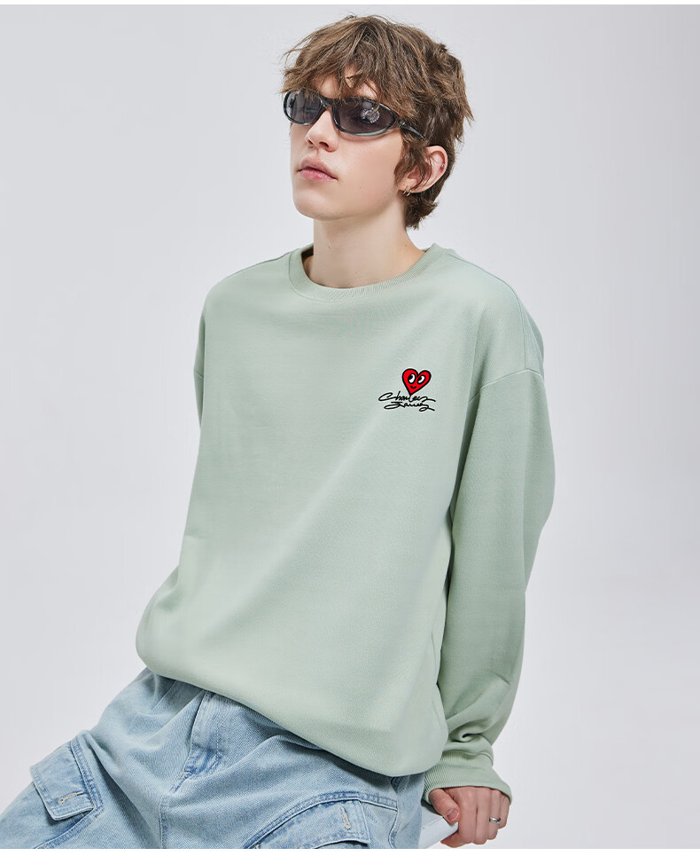 Charles Heart Sweatshirt Unisex Couple Casual Crewneck Love Heart Print Loose Fit Youth Simple Top Khaki 2XL 10