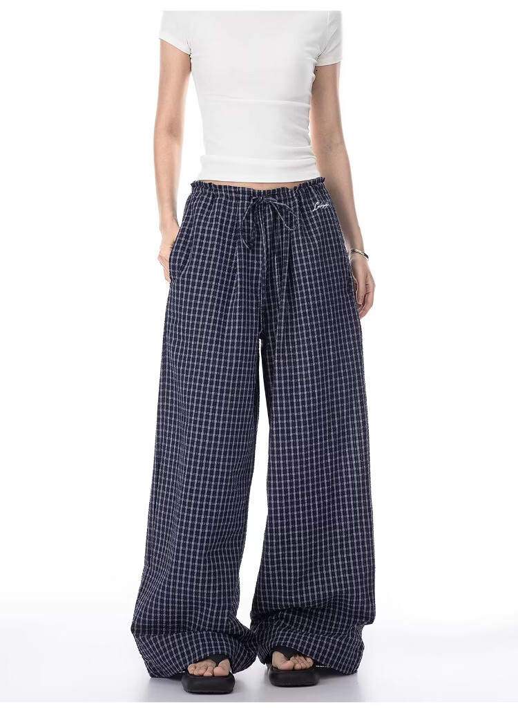 ICH MODE Women's American Style Plaid Summer Loose Wide-Leg Straight-Leg Sports Casual Pants Black XL 14