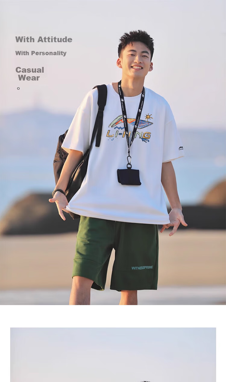 Li-Ning Men's Short Sleeve T-Shirt Summer Loose Casual Large Logo Trendy Cotton Breathable Crew Neck Sports Top 2
