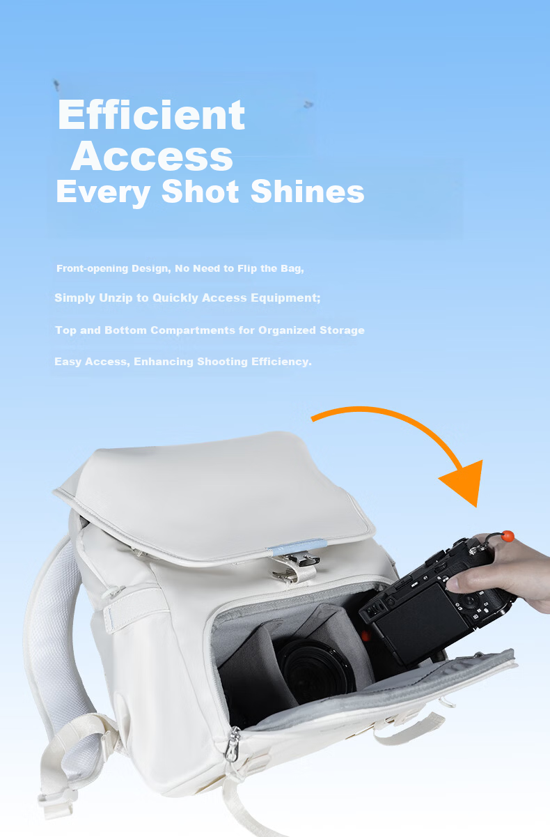 Zhuoer Vitality Series Square Camera Bag Photography Backpack Casual Minimalist Style Top and Bottom Compartments One Camera Two Lenses 15L Pearl White 11