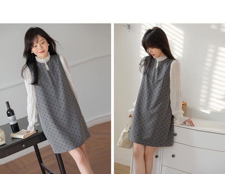 Mt Vintage Polka Dot Spring French Style Sleeveless Flocked Print Pearl Button Mid-Length Dress for Women 8
