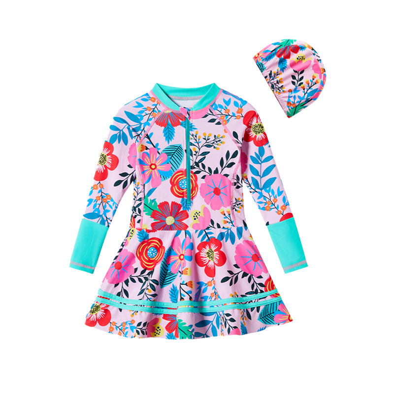 ASK JUNIOR [With Swim Cap] Girls' Swimsuit, Summer Children's All-Over Print Long-Sleeve One-Piece Swim Skirt, Floral Pattern, Size 120