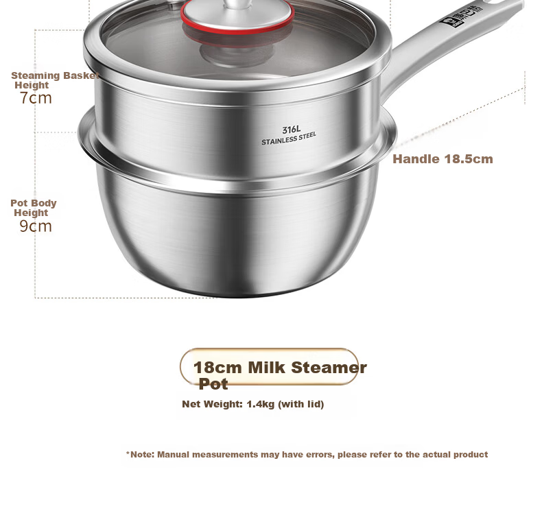 KBH 18cm 316L Stainless Steel Baby Milk Pot with Steamer Basket, Multi-functional Infant Cooking Pan for Boiling and Frying 15