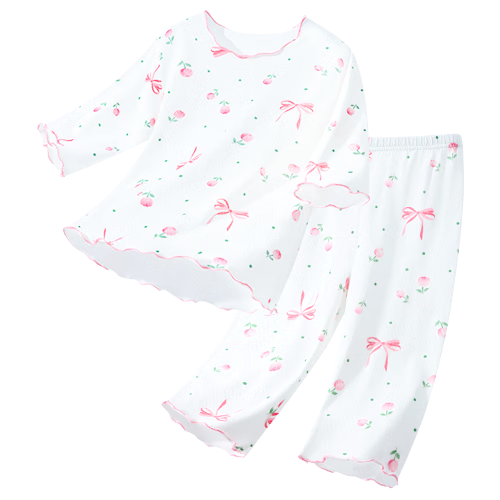Yiershuang Girls' Summer 3/4 Sleeve Cotton Mesh Pajama Set for Kids, Teens, and Youth