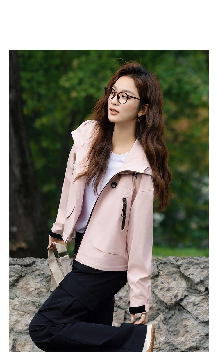 Demana [Three-Proof Black Technology] Spring Outdoor Windproof Hooded Color-Block Zipper Velcro Loose Fit Petite Women's Jacket 13