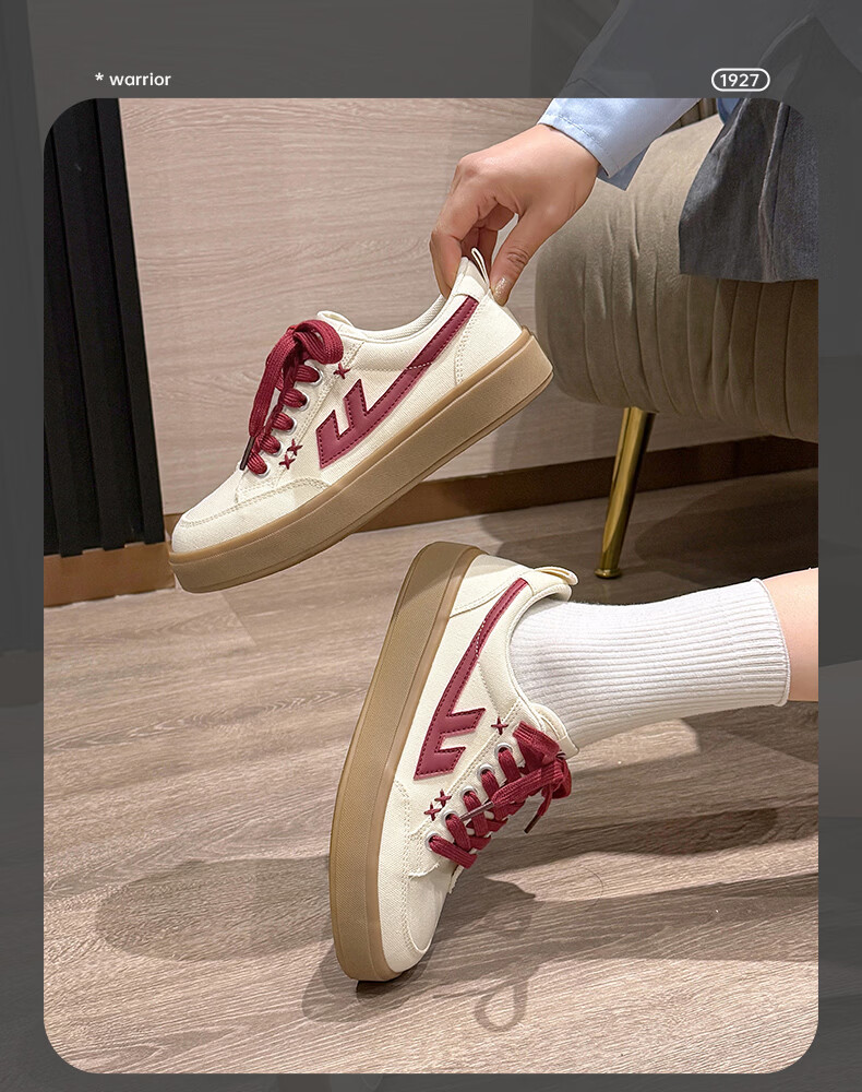 Warrior Official Women's New Versatile Sneakers 2026 Summer Classic Simple Breathable Canvas Shoes Women Beige Red Size 35 12