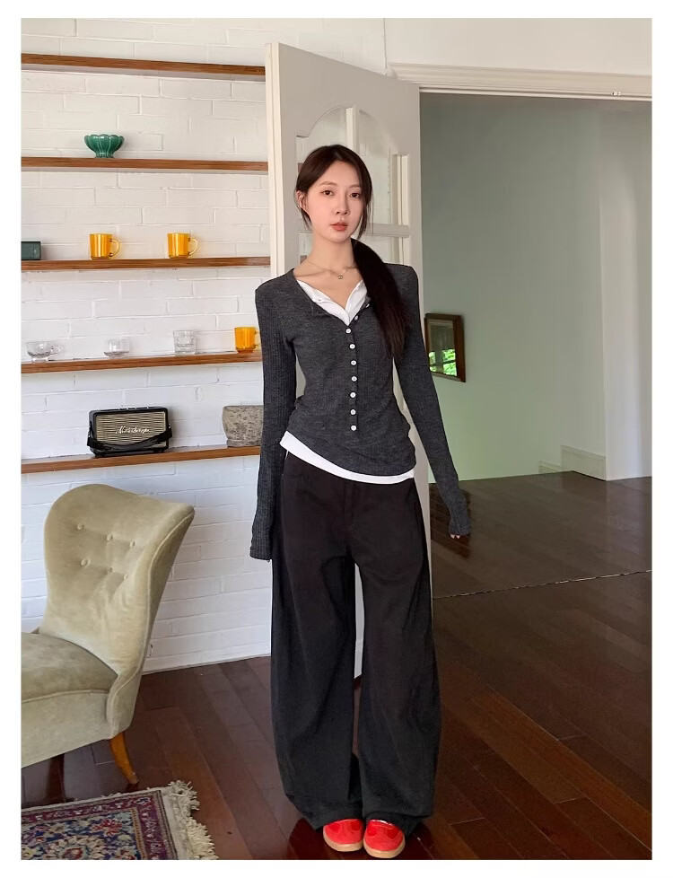 ICH MODE "Versatile Pants King" Spring Summer All-Season Slimming Curved Cut Loose Casual Straight Wide-Leg Pants Off-White S 19