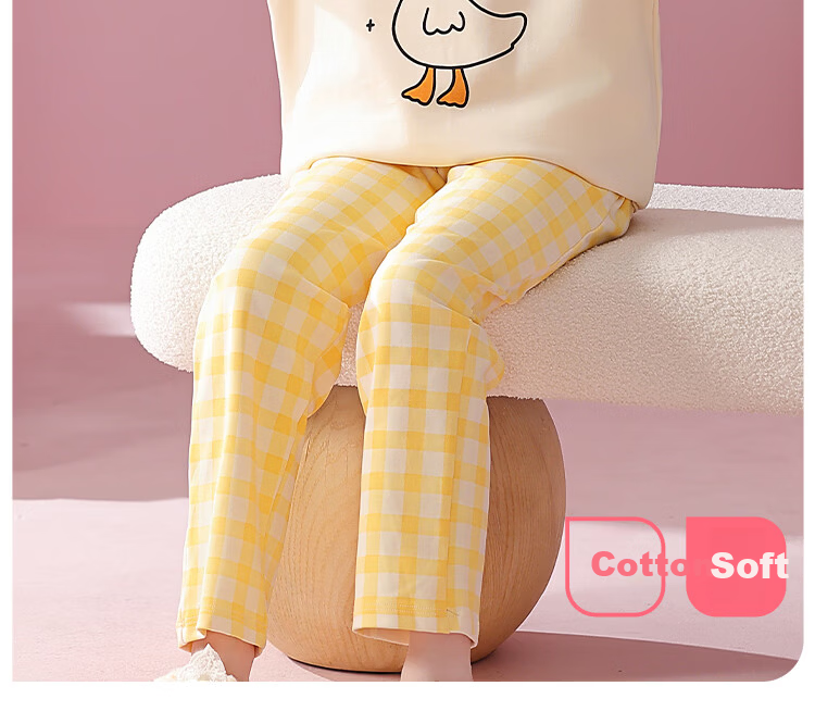 Bingxue Mian Children's Pajamas Girls Pure Cotton Crew Neck Spring Autumn Homewear Set Long Sleeve Long Pants Outerwear Two-Piece Set for Older Kids 2