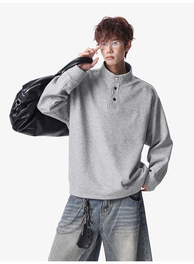 Foss Phil Men's Long Sleeve Sweatshirt Spring Summer American Polo Shirt High Street Vintage Loose Fit Top Black XL W6061 4