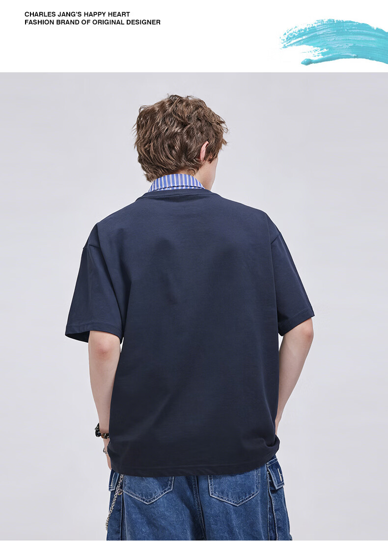 Charles Peach Heart Summer Premium Striped Collar Small Heart Couple Casual Short Sleeve Polo Shirt Navy Blue L 6