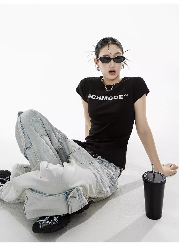ICH MODE American Slim Fit Shoulder T-Shirt Women Summer New Short Crop Top Black L 1