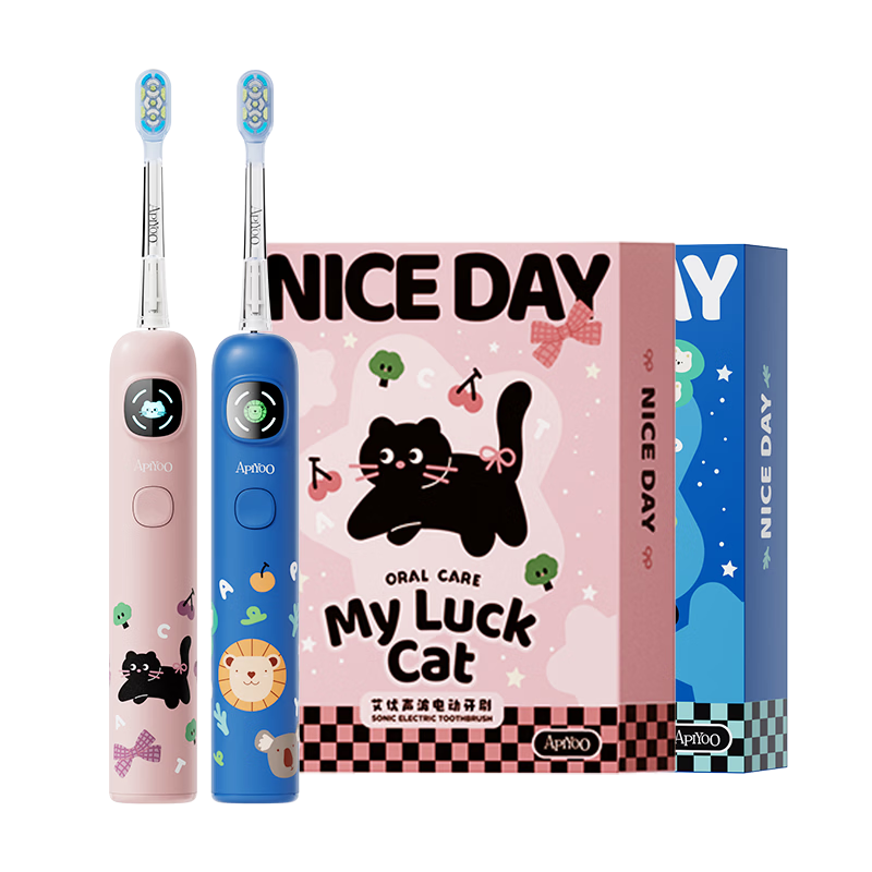ApiYoo A9pro-F Kids Electric Toothbrush with Voice Brushing Reminder, Fluoride Soft Bristles for Gum Care, Suitable for Ages 3-12-15, Pink and Blue Sibling Set, Children's Holiday and Birthday Gift