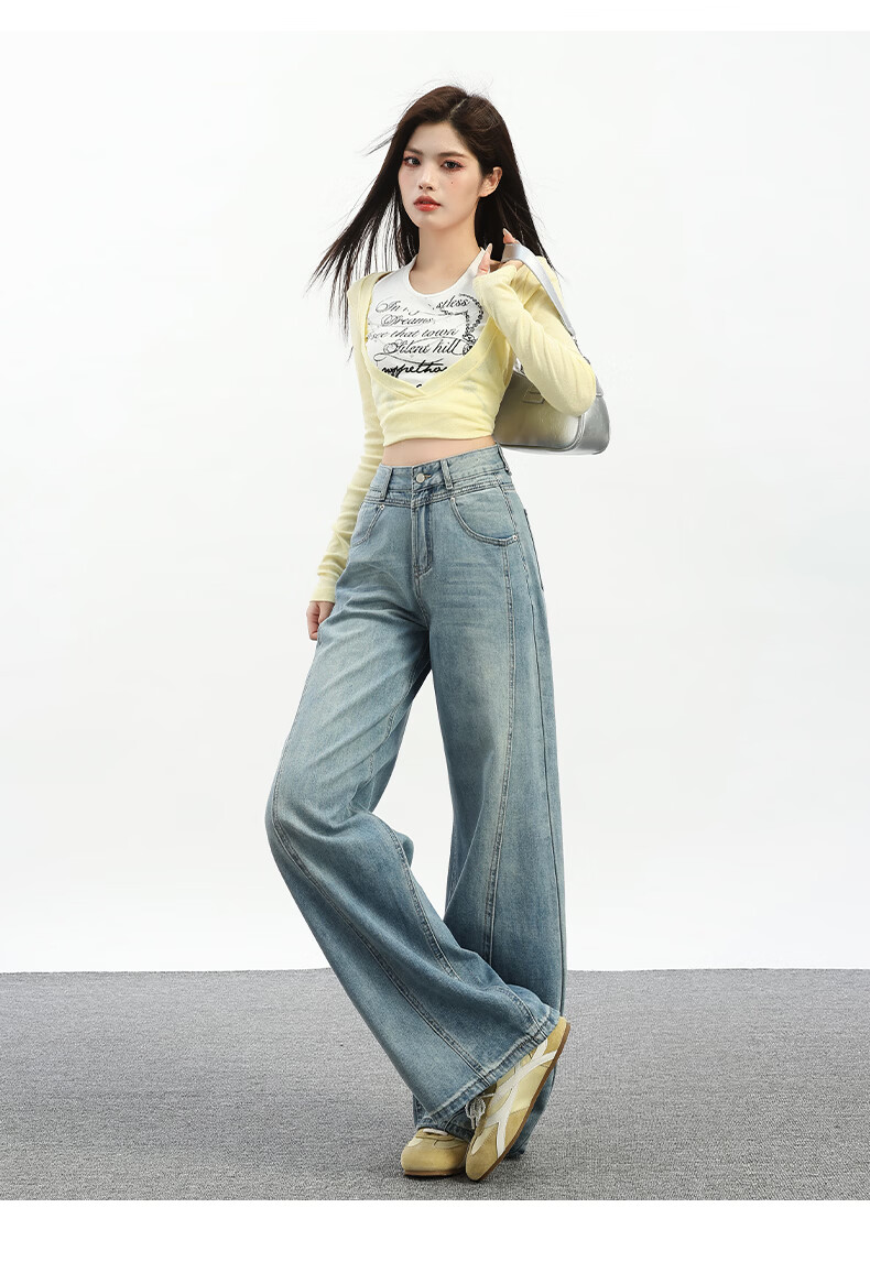 Jeanswest Women's Summer Wide-Leg Curved Seam High-Waist Slim Straight-Leg Blue Jeans XL 13
